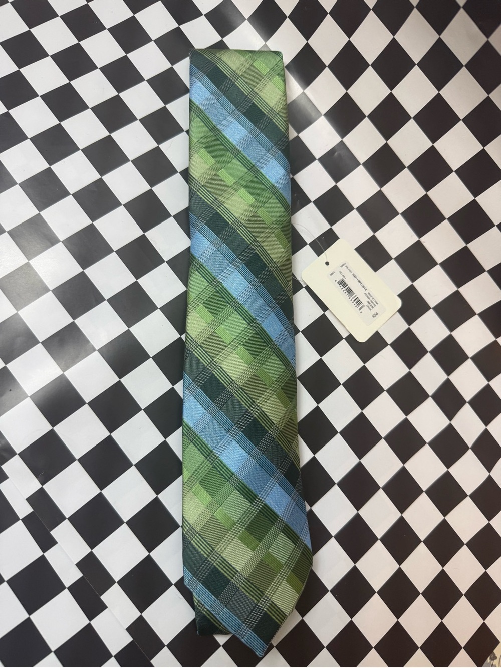 Stafford Green Plaid Tie with Blue Stripes